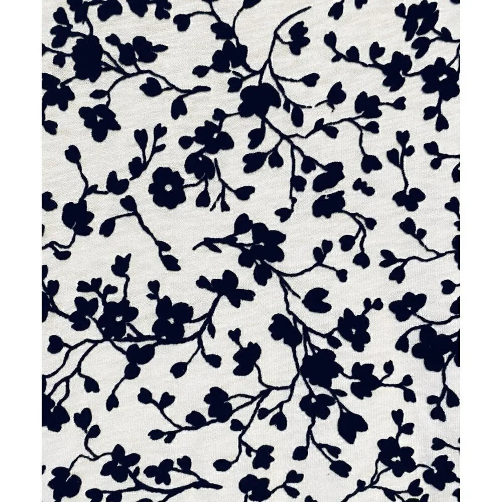 J Crew Top Womens Small Black Velvet Floral Vine Short Sleeve Ivory Slub Knit